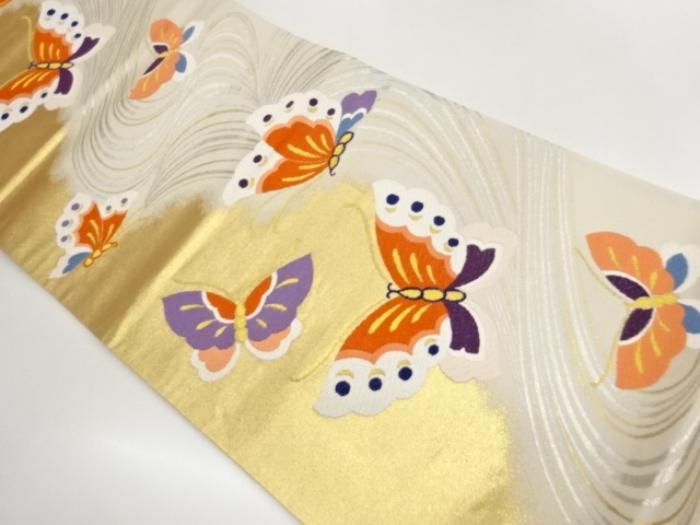 JAPANESE KIMONO / FUKURO OBI / A BUTTERFLY PATTERN WOVEN AGAINST A FLO